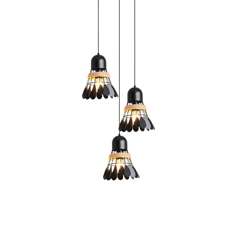 Badminton Dining Room Cluster Pendant Art Deco Iron 3 Heads Black/White Drop Lamp with Rope and Round/Linear Canopy