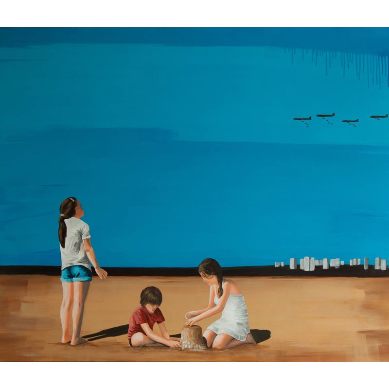 Artistic Kids Wall Paper Mural with Have Fun at Beach Painting Blue-Brown Wall Covering