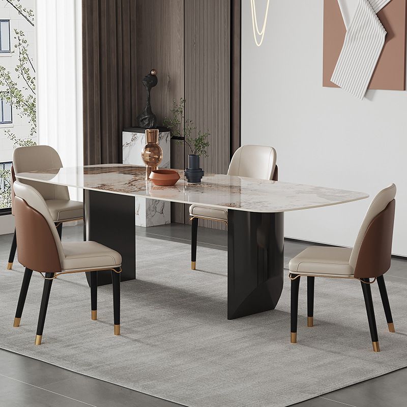 Rectangle Stone Top Dining Table Contemporary Dining Table with Double Pedestal Base