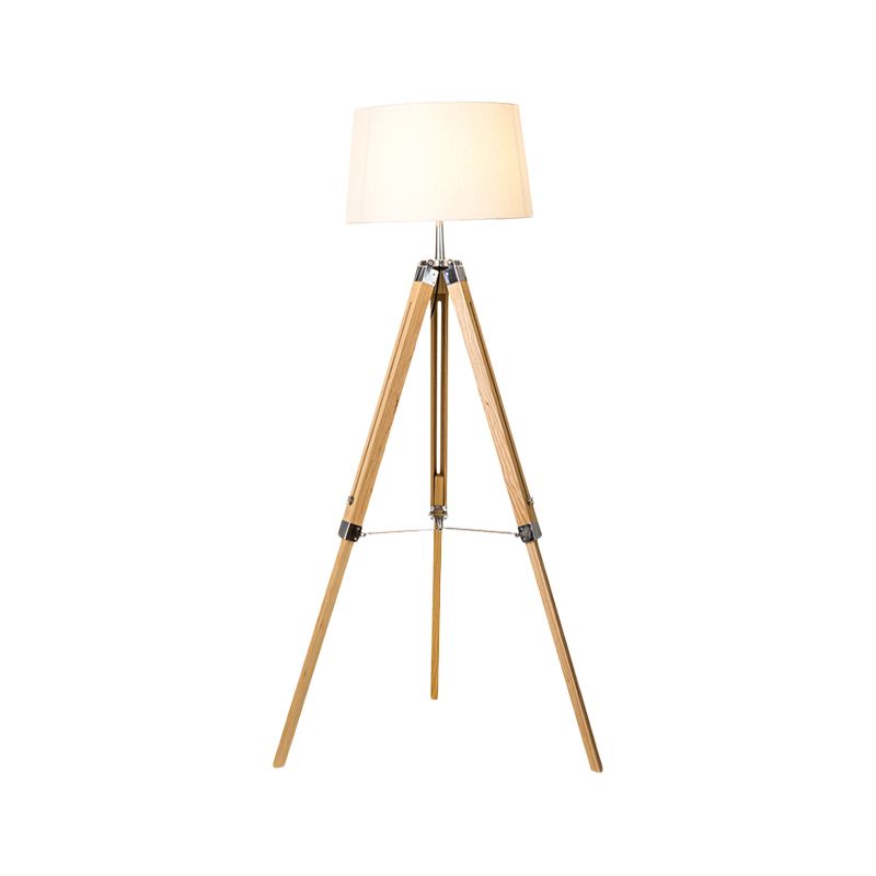 Fabric Barrel Floor Reading Lamp Simplicity Single Head Wood/Distressed Wood Tri-Leg Standing Light