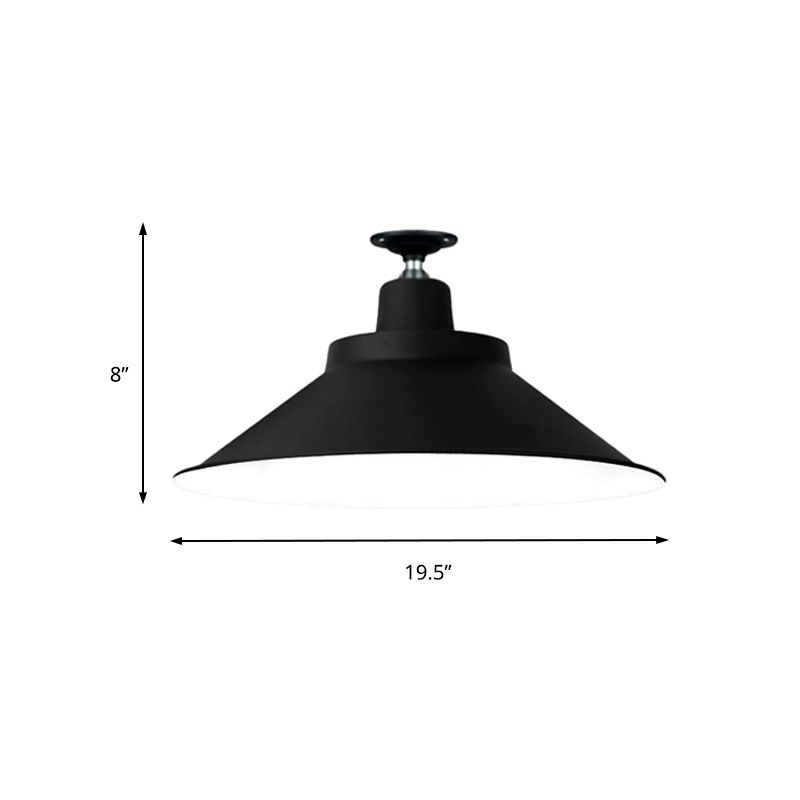 12"/16"/19.5" Wide Cone Metal Ceiling Lighting Industrial Style 1 Head Balcony Semi Flush Mount Lighting in Black