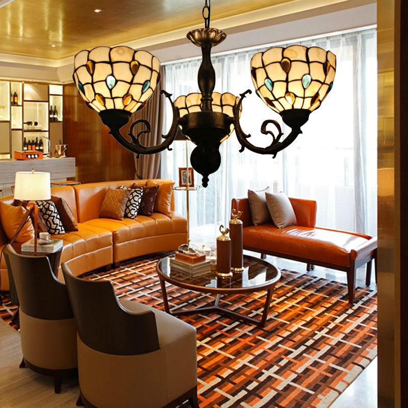 Bowl Hanging Light Tiffany Stained Glass 3 Lights Chandelier light with Jewel Pattern for Bedroom