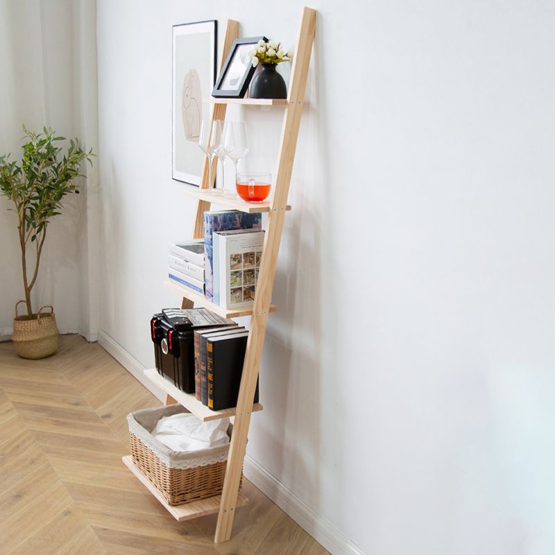 Contemporary Ladder Bookcase Solid Wood Open Back Bookshelf with Shelves