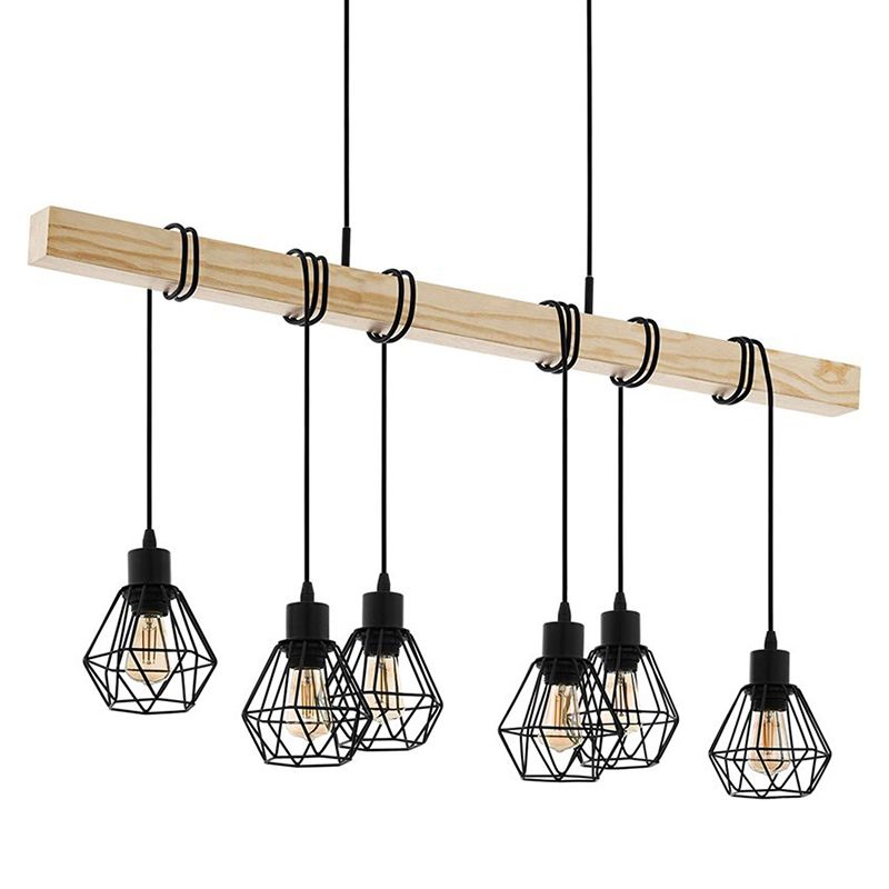 Black Iron Cage Shade Island Light Retro Industrial Style Wooden Hanging Light for Coffee Shop Bar