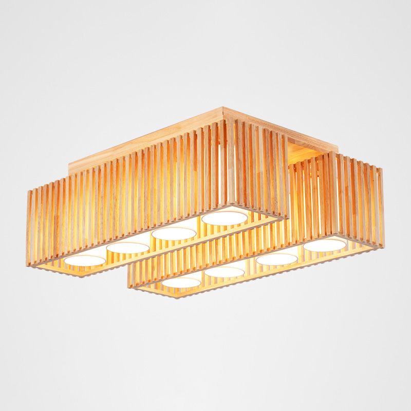 Rectangle Wooden Ceiling Mount Light Asian Style LED Flush Mount Ceiling Light