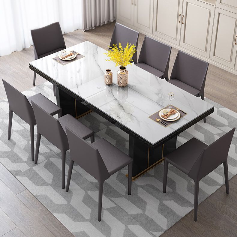 Table à manger de luxe traditionnelle Rectangle blanc Tableau de pierre fritté avec base en métal