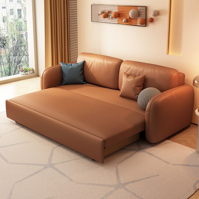 Sewn Pillow Back Seating Faux Leather Sofa with Pillows in Brown