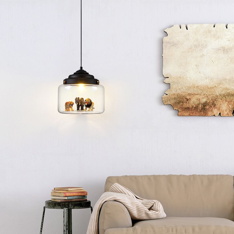 Suspension en verre transparent cylindrique en verre transparent des animaux de dessin animé moderne lampe pour la chambre à coucher pour les enfants (les animaux sont expédiés au hasard)