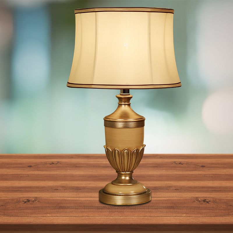 Vintage Drum Shaped Desk Lighting 1 Head Fabric Night Table Lamp with Black/Brown/Green Pot Base