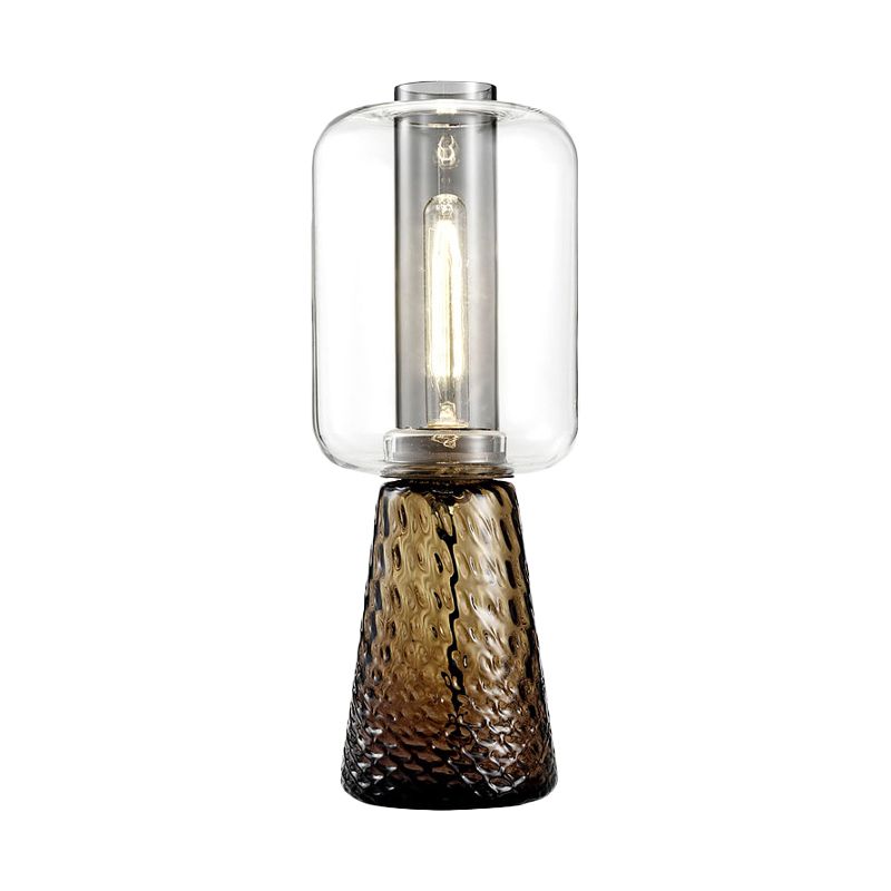 Lampada da tavolo trapezoidale per camera da letto, grigio fumo chiaro/cognac, in vetro acqua, a 1 luce, postmoderna, con paralume cilindrico
