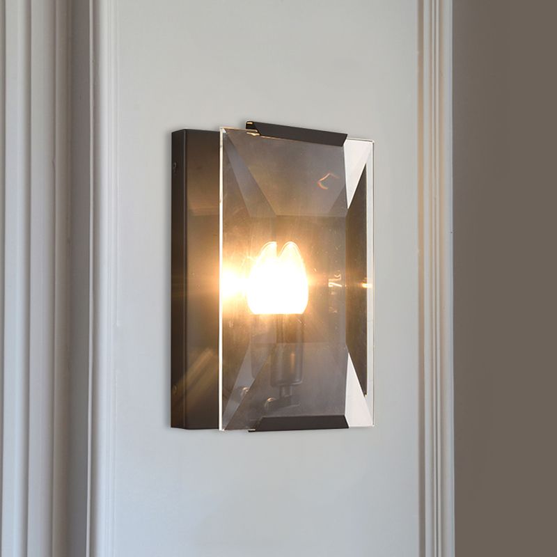 Luz de matorral de la pared del rectángulo de metal Minimalista 1 cabeza Negro/acabado de latón Iluminación de pared con sombra de panel de cristal transparente/helado