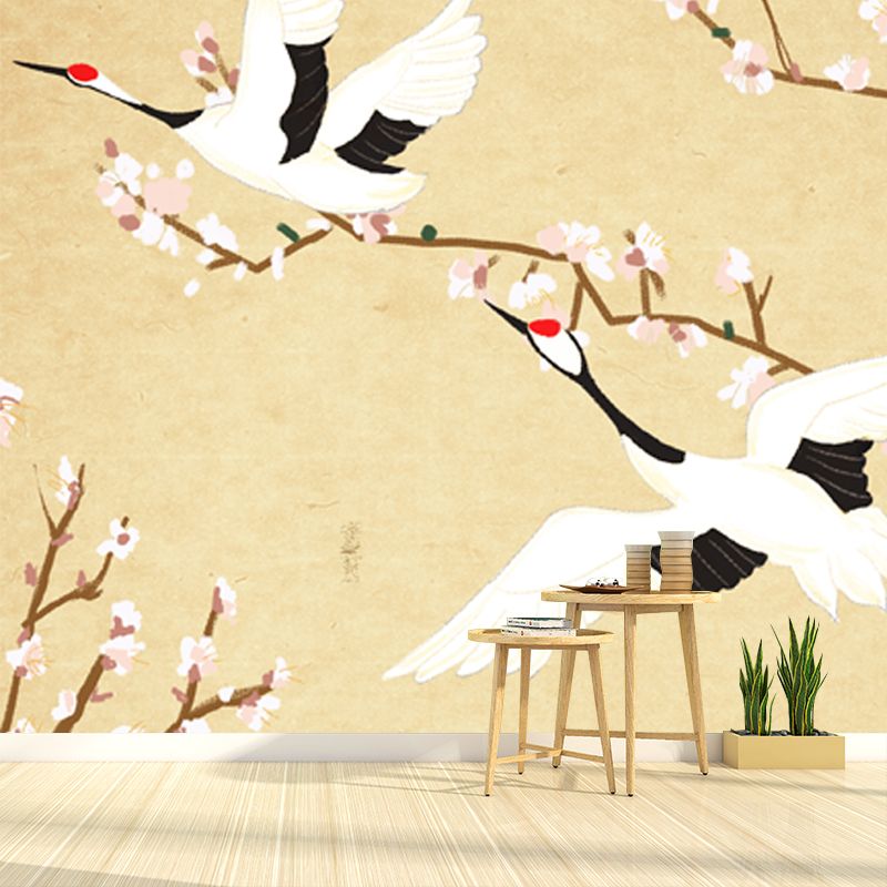 Custom Illustration Chinoiserie Mural with Halcyon Fly over Roof Pattern in Light Yellow