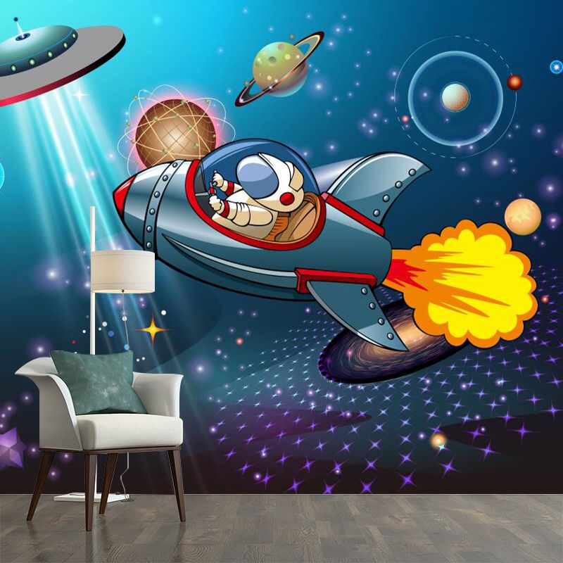 Blue Childrens Art Wall Murals Large Cartoon Astronaut Patterned Wall Decor for Nursery
