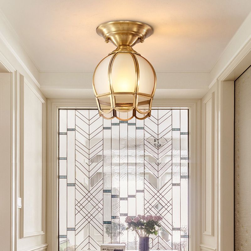 Colonial Style Ceiling Light Glass Shade Metal Semi Flush Mount Light for Living Room