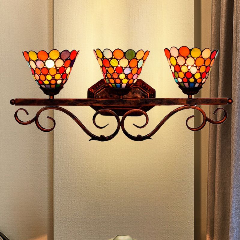 Stained Glass Dots Flared Wall Lamp Tiffany 3-Head Rust Vanity Sconce Light for Bathroom