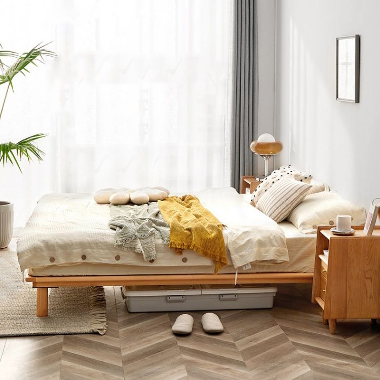 Solid Wood Platform Bed Scandinavian Low Profile Bed Frame in Brown