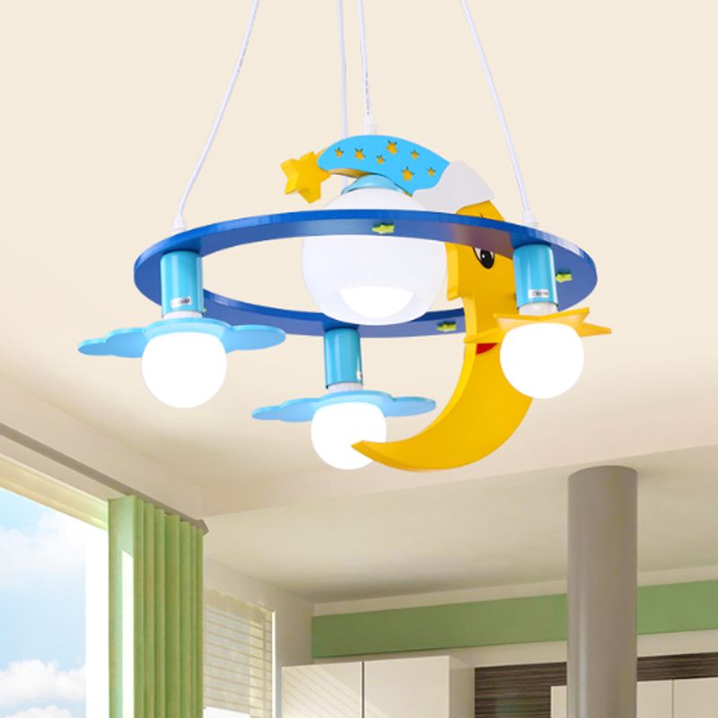 Metal Crescent Pendant Light Fixture Kids 4-Light Blue Chandelier for Children Bedroom
