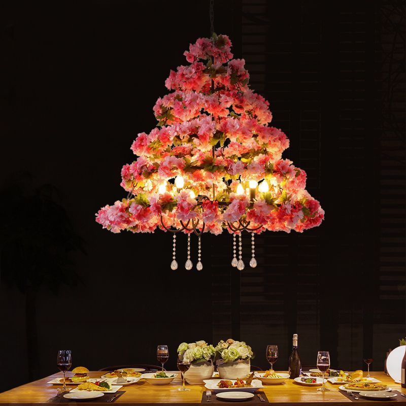 Metal Black Chandelier Lighting Cherry Blossom 6 Lights Retro LED Ceiling Pendant with Crystal Draping