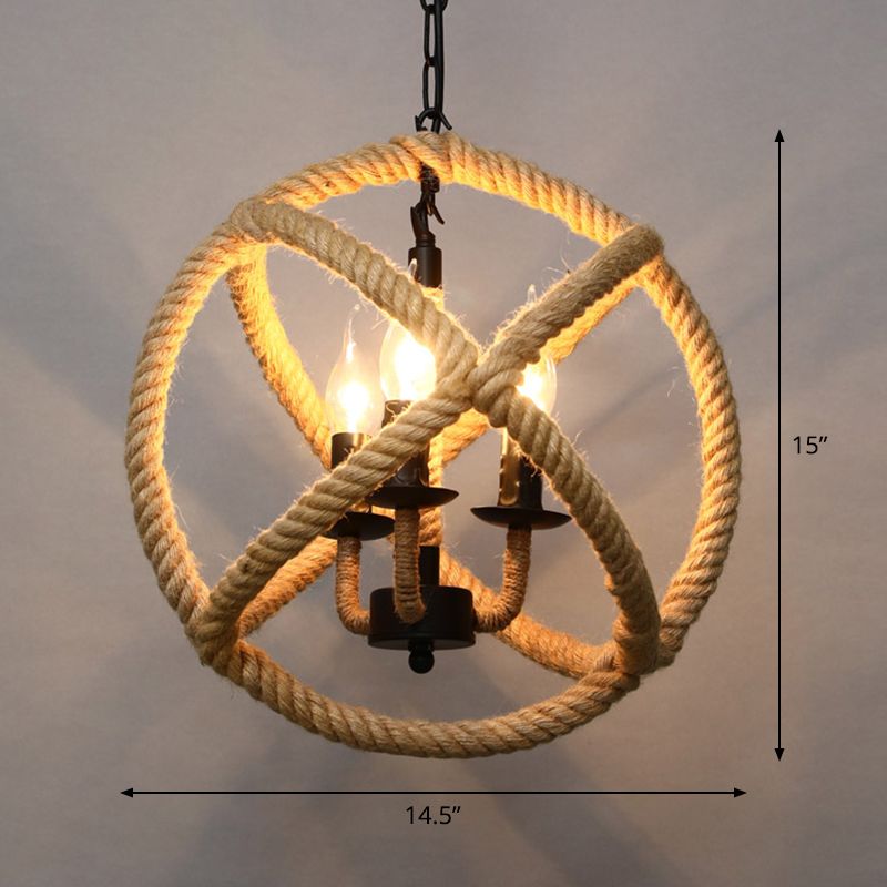 Single Cage Shade Pendulum Light Country Style Wood Rope Suspension Light for Restaurant