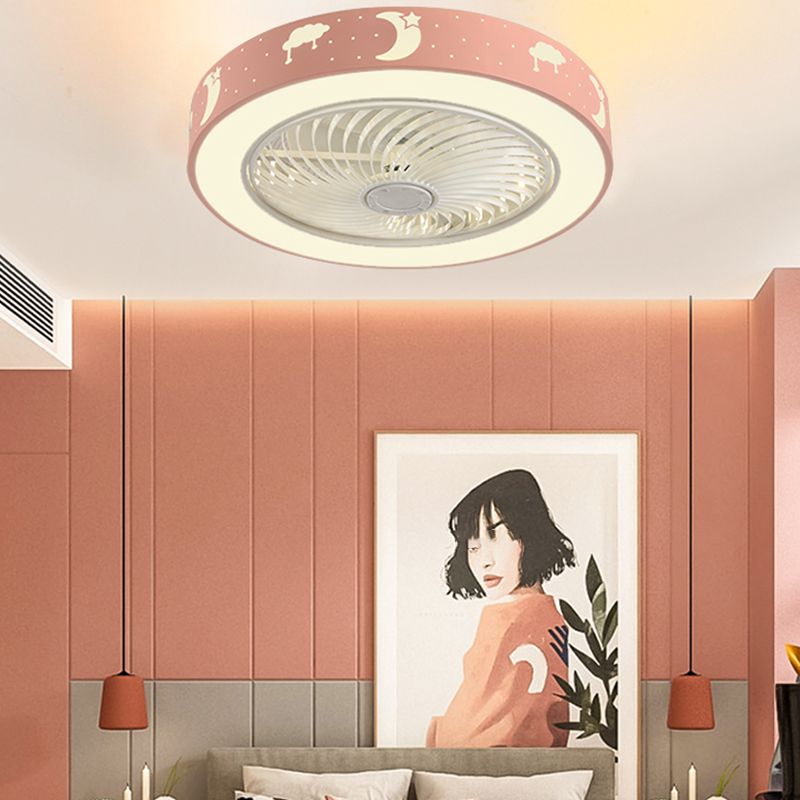Lámpara de ventilador en forma de tambor rosa caricatura led metal semi flush luz para habitación infantil