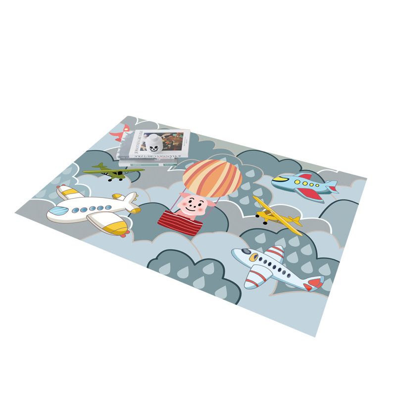 Kids Aeroplane Chess Print Rug Polyester Carpet Non-Slip Backing Indoor Rug for Children's Bedroom