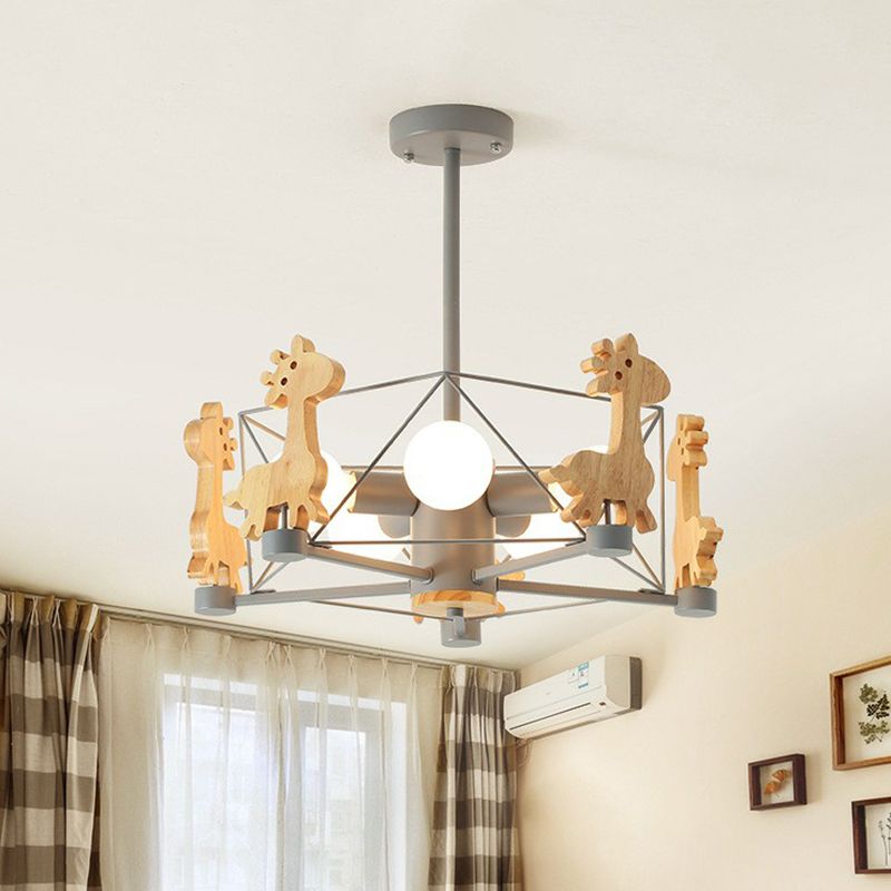 Macaron Caged Suspension Light Metallic 6 Heads Kids Bedroom Chandelier Light with Wooden Deer Decor