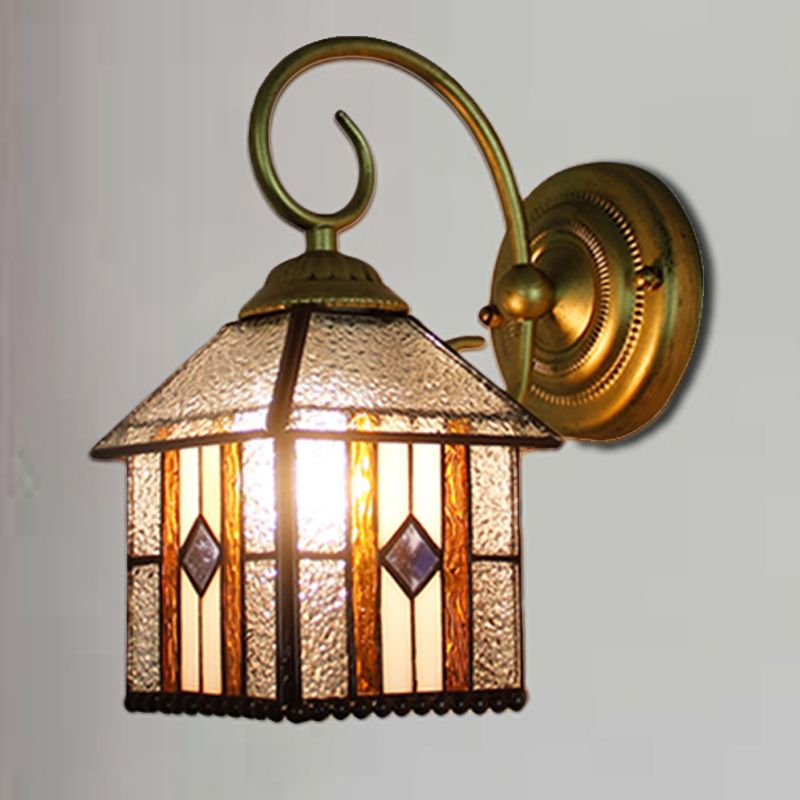 Bedroom Hanging House Wall Sconce Art Glass 1 Head Tiffany Creative Wall Light with Curved Arm in Brass