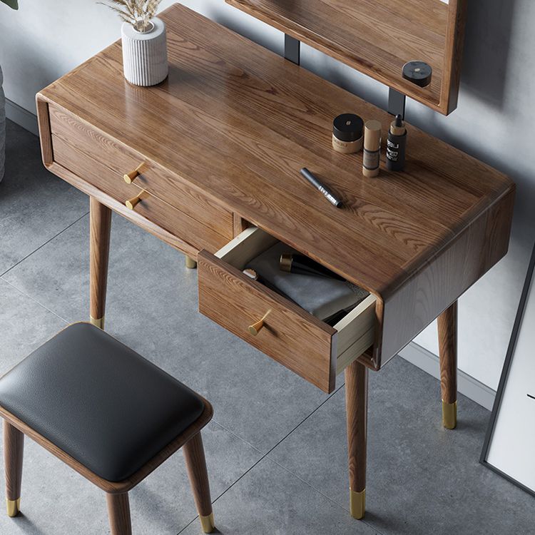3 Drawers Mirrored Makeup Table Solid Wood Vanity Desk Stool Set