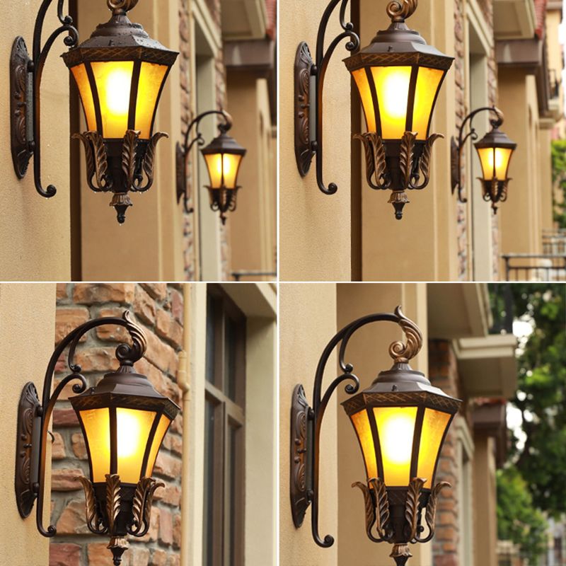 1-Light Amber Glass Wall Lamp Vintage Black Flared Villa Garden Wall Sconce Light