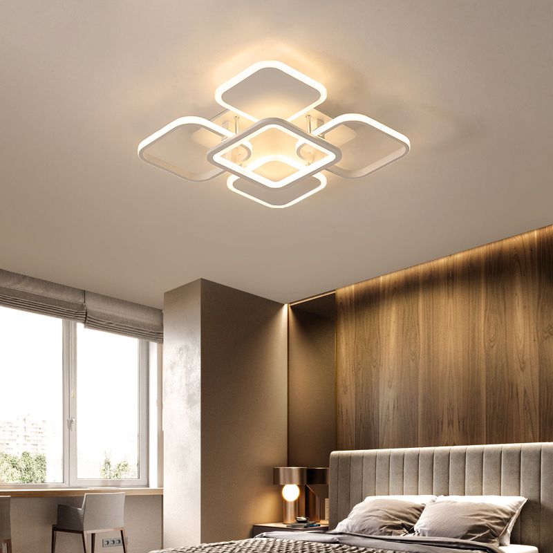 White Frame LED Flush Mount Lighting Contemporary Metal Flushmount Ceiling Lamp for Living Room