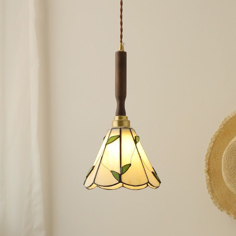 Tiffany-Style Handcrafted Pendant Light Stained Glass Cone Ceiling Hung Fixtures