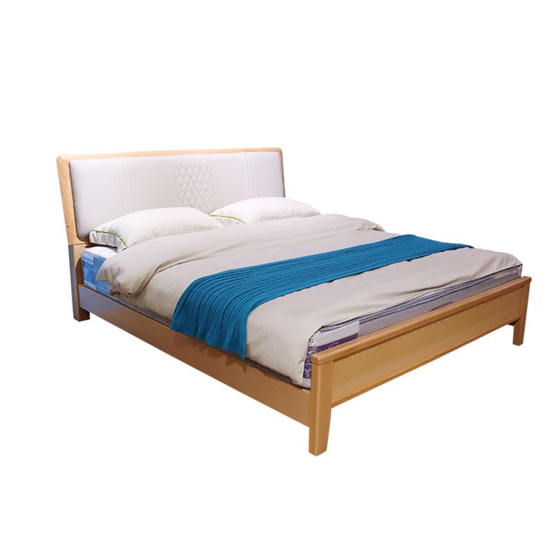 Mid-century Style Bed Frame Solid Wood Bed with Upholstered Headboard