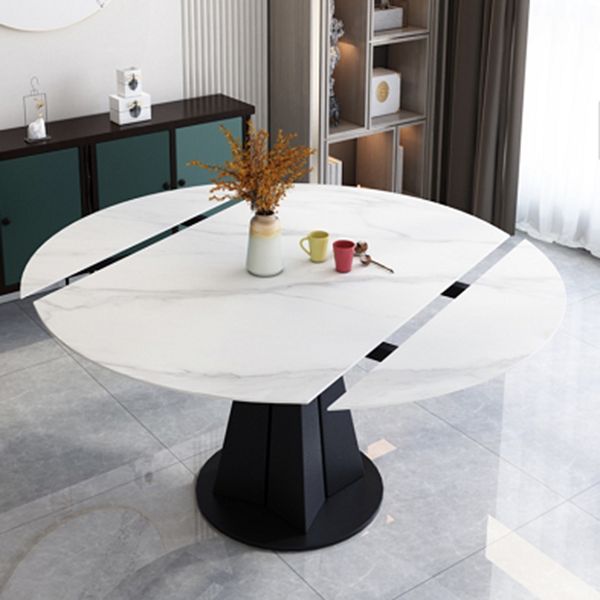 Contemporary Round Dining Table Drop-Leaf Sintered Stone Dining Table with Pedestal Base