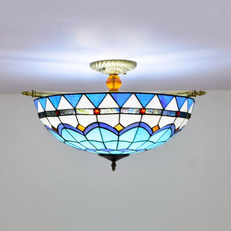 Baroque Dome Semi Flush Mount Lighting 5 Bulbs Handcrafted Stained Glass Close to Ceiling Lamp in White/Blue, 21.5"/25.5" W