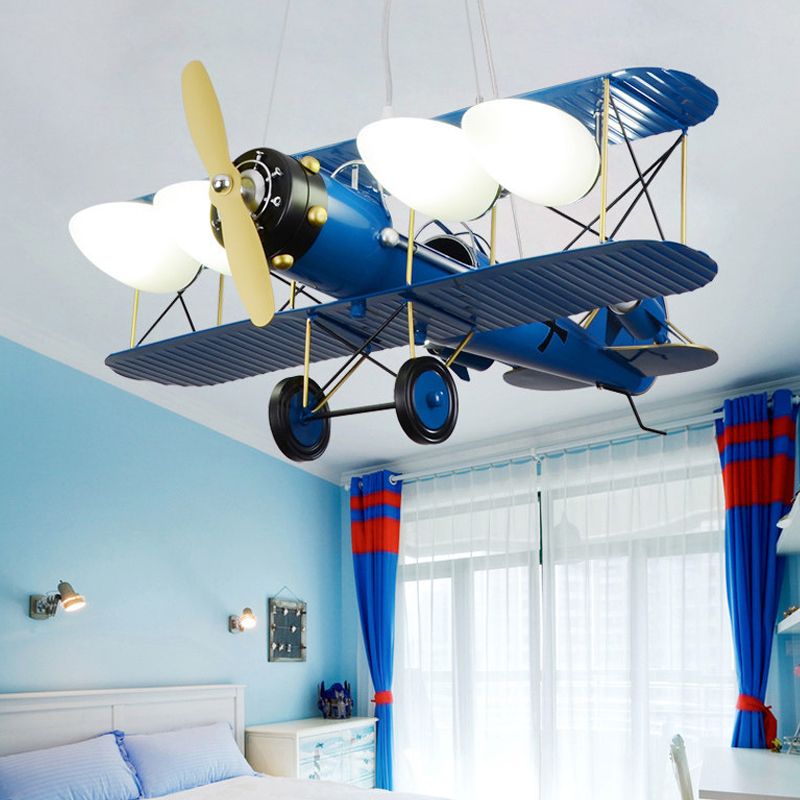 Lustres pour les chambres, 4 lumières Assayeur de plafond avec teinte en verre et conception de biplan pour les garçons style moderne