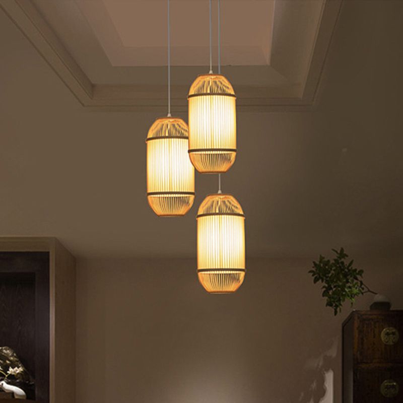 Oblong Shade Hanging Lamp Country Style Bamboo 1-Light Beige Ceiling Light Fixture for Bedroom