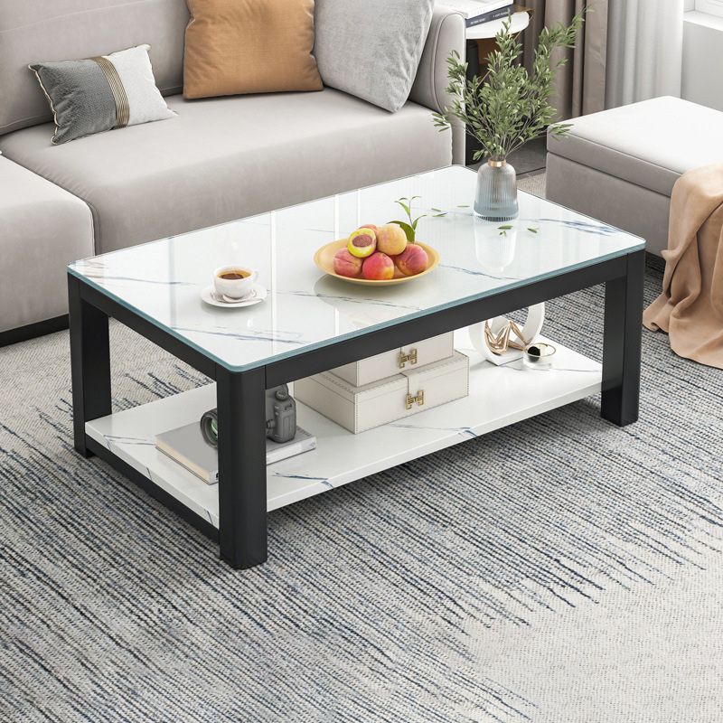 Rectangular Black Metal 4 Legs Base Design with Storage Shelf Coffee Table
