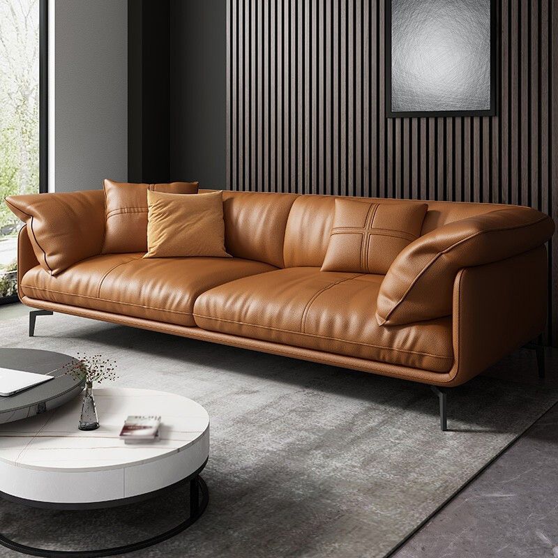 Recessed Arm Tan Contemporary Removable Cushions Faux Leather Sofa & Chaise