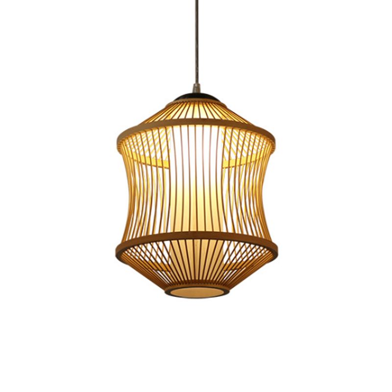 1 Head Restaurant Ceiling Lamp with Cylinder Bamboo Shade Asian Style Beige Hanging Light Fixture