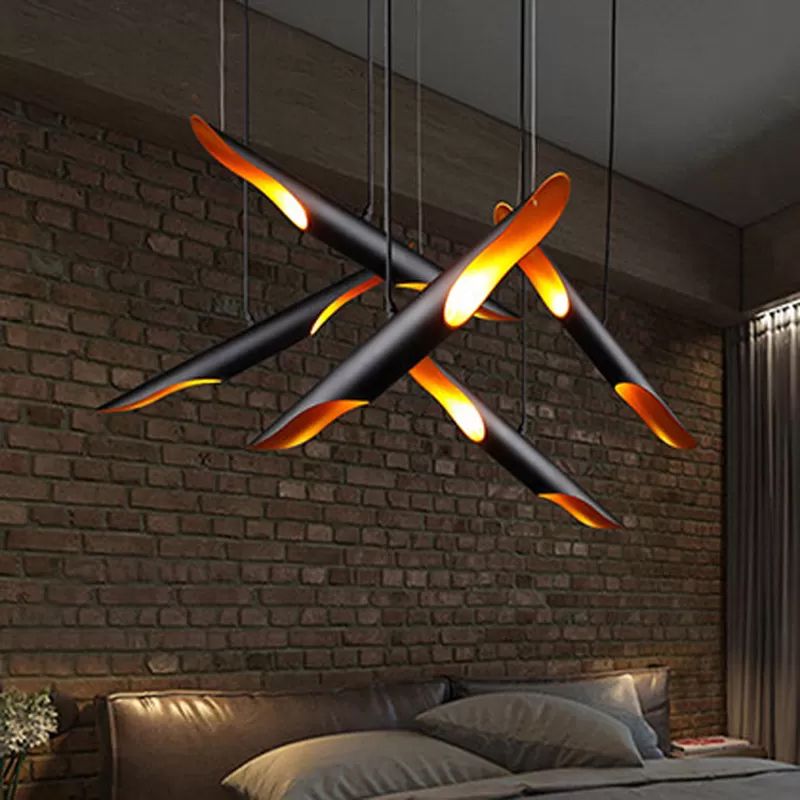 Metallic Linear Hanging Lamp Nordic 2 Heads Black Pendant Ceiling Light for Bedroom