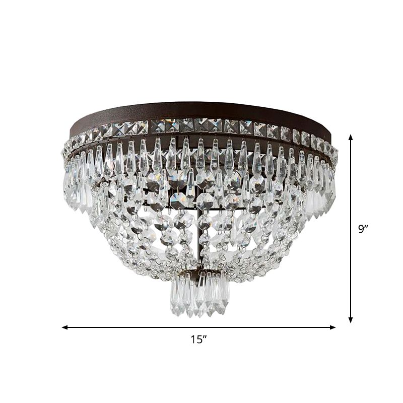 Dome Frame Clear Crystal Strand Flush Mount Modernism 3-Light Black Flush Ceiling Light Fixture