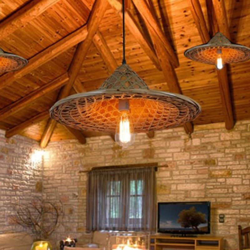 Bamboo Coolie Hat Pendant Lighting Asia Single-Bulb Wood Ceiling Hang Light for Restaurant