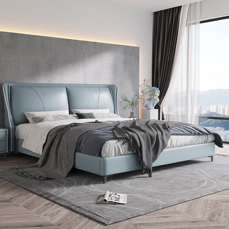 Modern Genuine Leather Panel Bed Pine Wood Bed with Upholstered Headboard