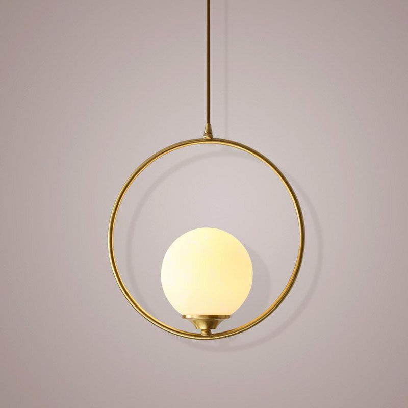 Antiqued Gold Ball Shaped Ceiling Lamp Minimalist 1 Bulb Cream Glass Suspension Light with Ring Decoration