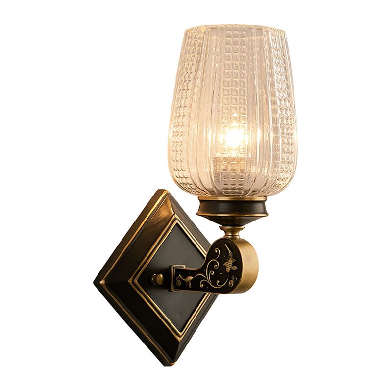 Prismatic Glass Cup-Like Sconce Light Minimalism 1 Bulb Living Room Wall Mounted Lamp with Rhombus Backplate in Black and Gold