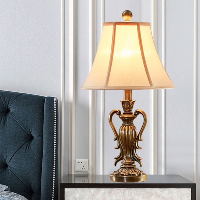 1-Light Desk Light Antique Style Bell Shade Fabric Night Table Lamp in Red/White for Bedside