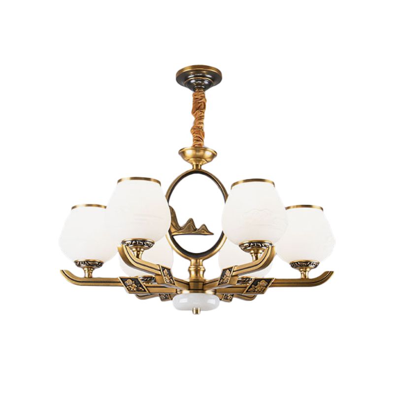 6 lichten kroonluchter lamp traditionele eetkamer hangend licht met knop witte glazen schaduw in messing