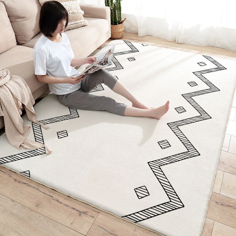 White Line Pattern Rug Polyester Modern Rug Washable Rug for Drawing Room