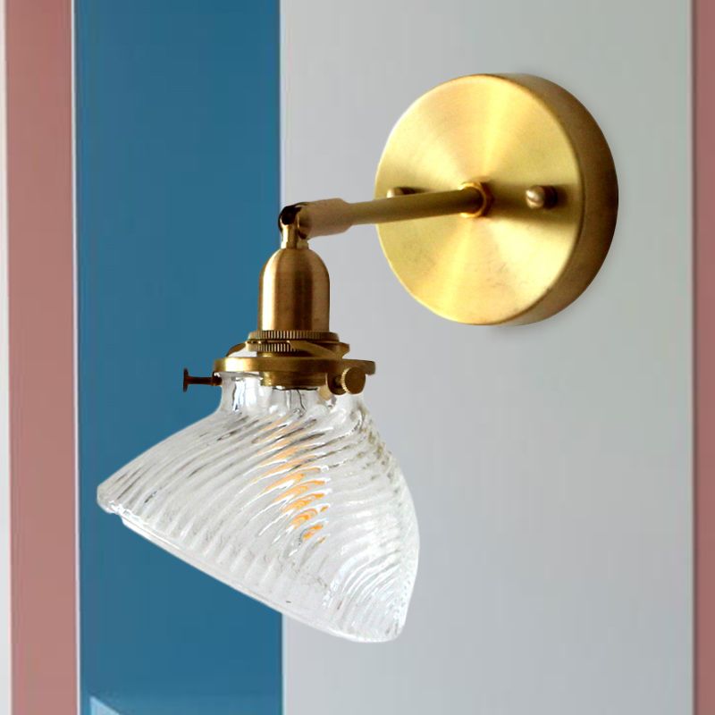 1 Light Wall Lamp Colonialism Curved Bowl Clear/Green Prismatic Glass Wall Sconce Lighting Fixture