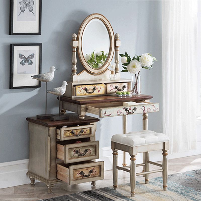 Victorian Vanity Set Solid Wood Drawers Included Makeup Dressing Table With Mirror & Stool